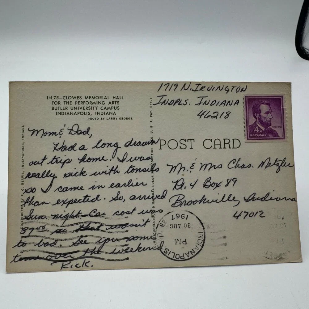 Vintage 1960s Butler University Clowes Memorial Hall Postcard